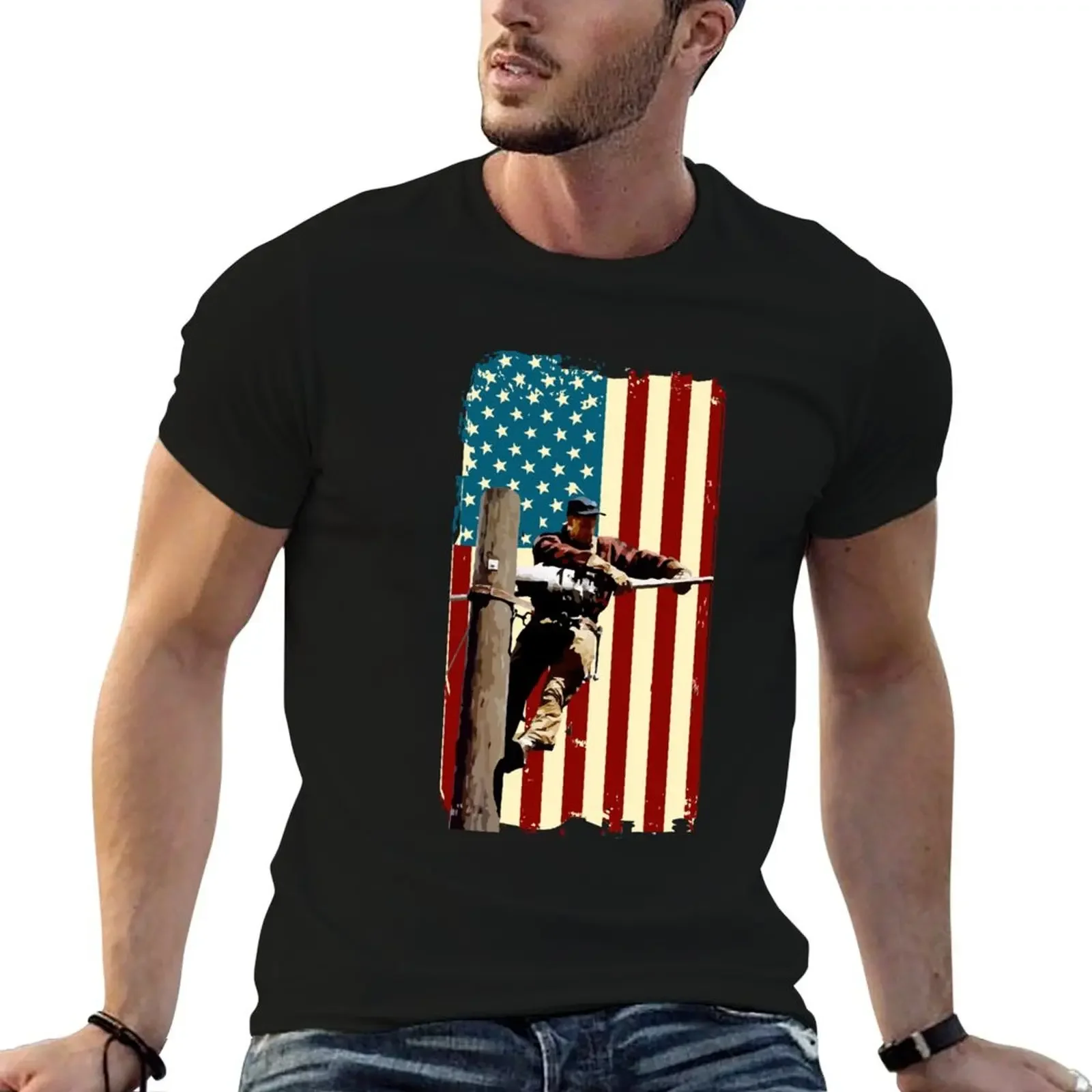 

Lineman American Flag Art Electric Cable Lineman Gift T-Shirt graphic shirts man t shirt Men's clothing