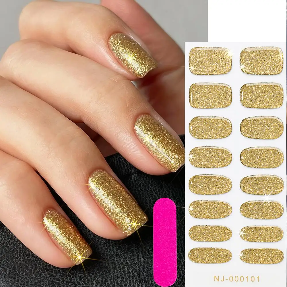 16Tips Christmas Gold Glitter Gel Nail Stickers+1pc Nail File Semi-Cured UV/LED Full Cover Nail Strips Adhesive Nail Polish Wrap