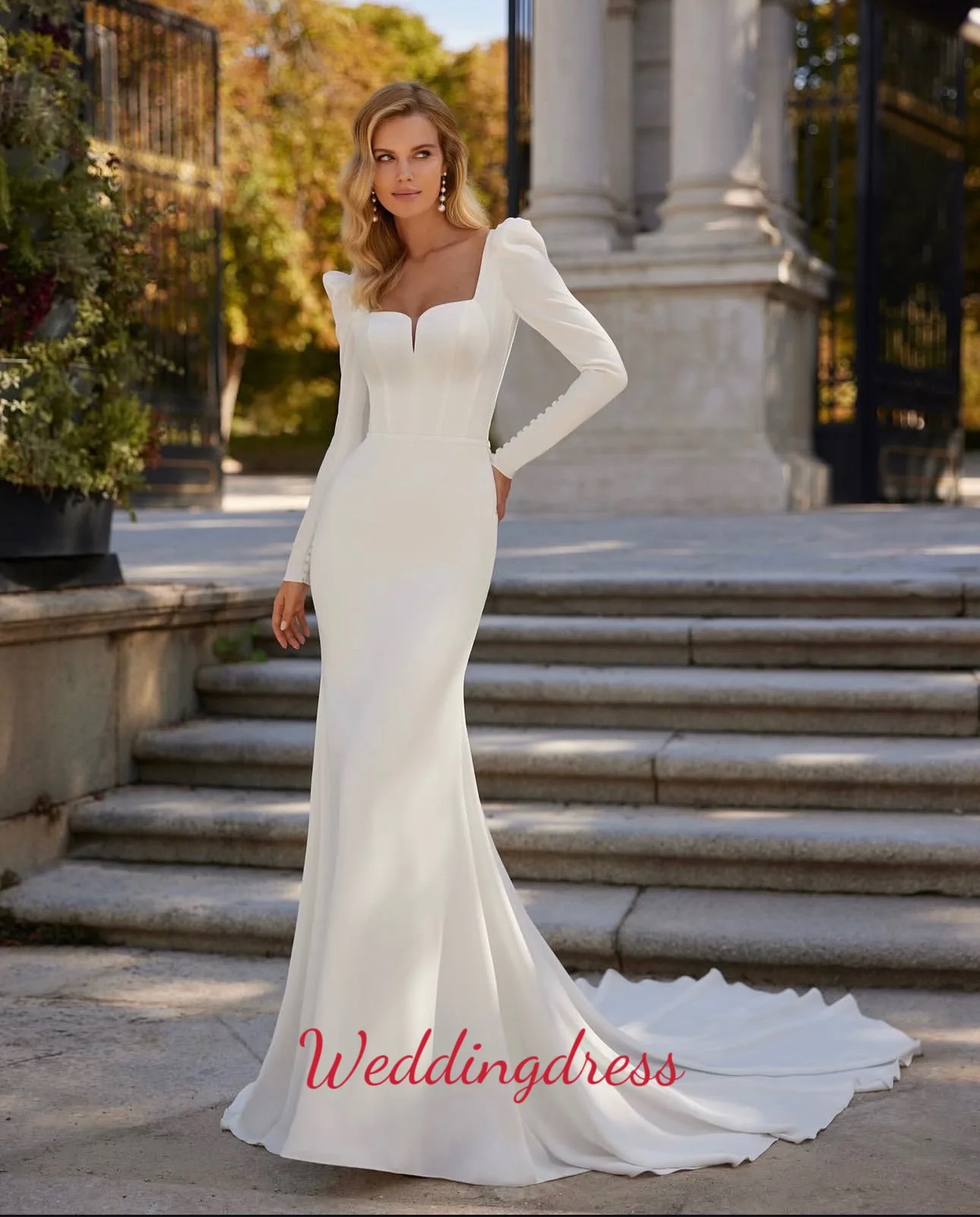 

Customize Backless Mermaid Satin Wedding Dress Long Sleeve Square Collar Simple Wedding Party Dresses Vestidos De Novia