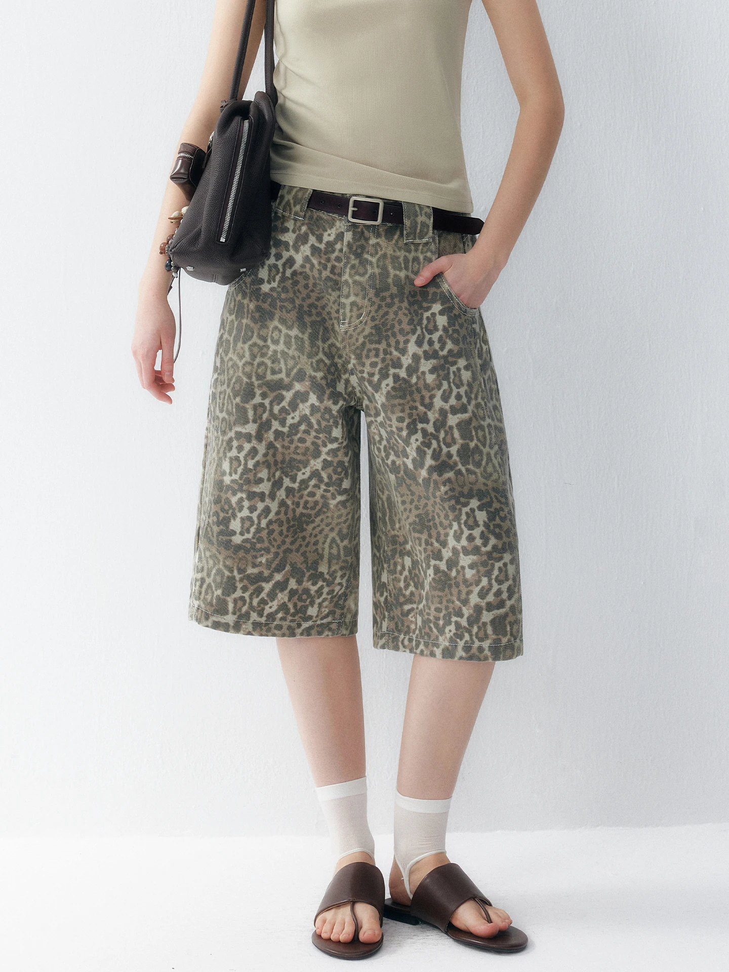 High Waist Wide Leg Five-Point Leopard Print Denim Pants Women's Spring Autumn Workwear Comfortable Breathable Cotton Jeans