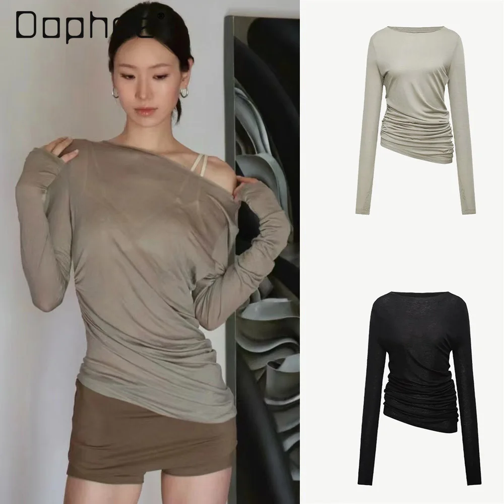 

Tencel Oblique Shoulder T Shirt Women Korean Long Sleeve Off Shoulder Ruched Bottoming Shirt Boat Collar Tops Simple Casual