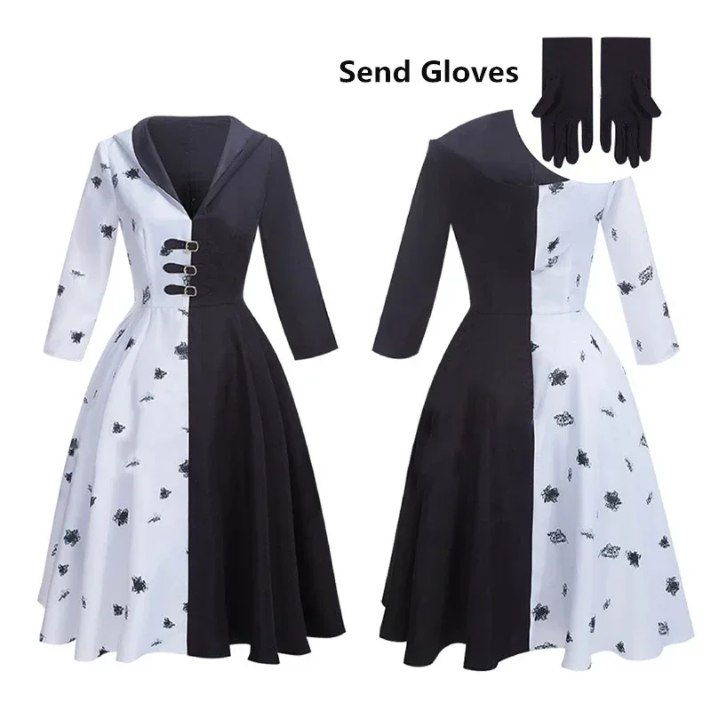 Girl movies Cruella cosplay costume adult women dress Halloween 101 daltics black white clothes