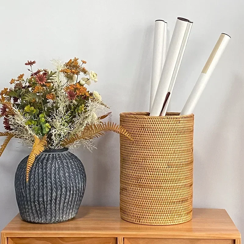 Handmade Rattan Woven Storage Basket, Painting and Calligraphy Organizer, Bedroom Dirty Clothes Basket, Living Room