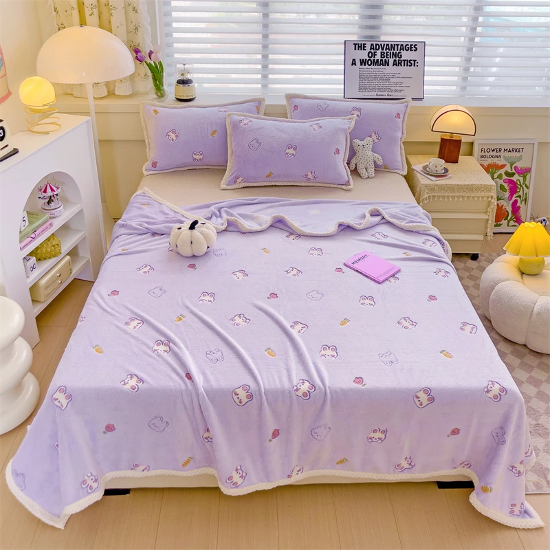 Cute Rabbit Blanket Gift for Girls Women Soft Cozy Fleece Lovely Rabbit Bunny Throw Blankets Fuzzy Plush Bedding Purple Blanket