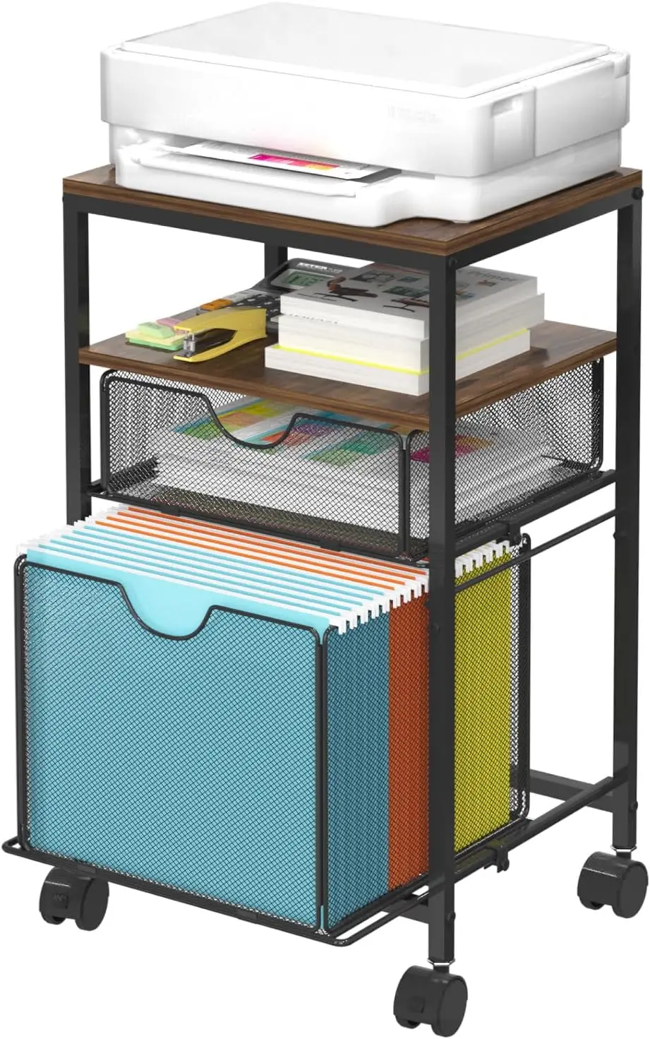

Rolling File Cart with 2 Drawers, Wood & Mesh Organizer on Wheels for Home Office, 14.7" L x 11.8" D x 25.3" H