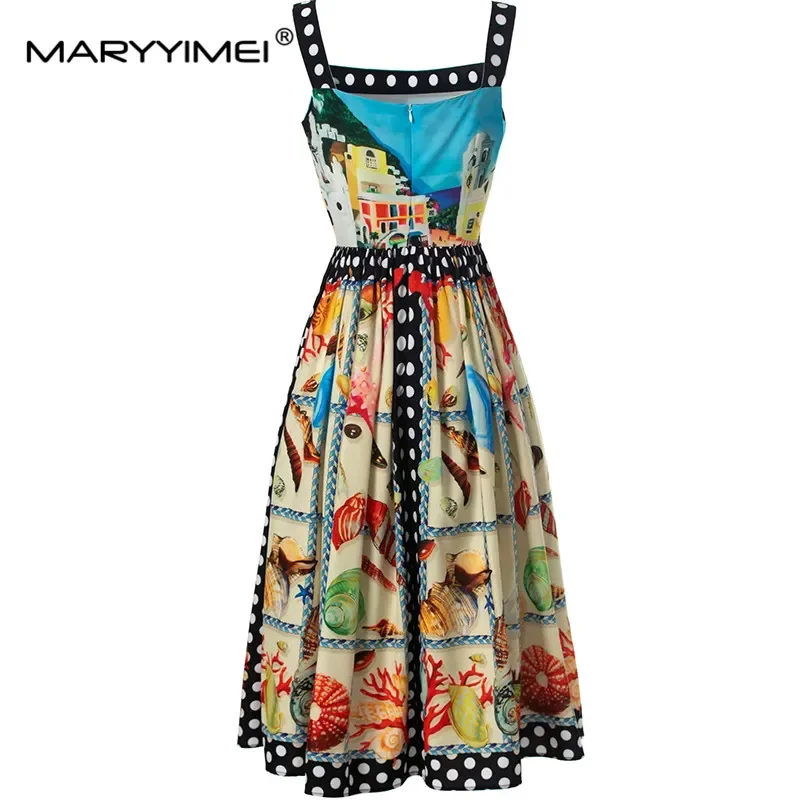 MARYYIMEI Spring Summer Women's Square Necked Sleeveless Spaghetti Strap Backless Single Breasted Bohemia Vacation Dresses