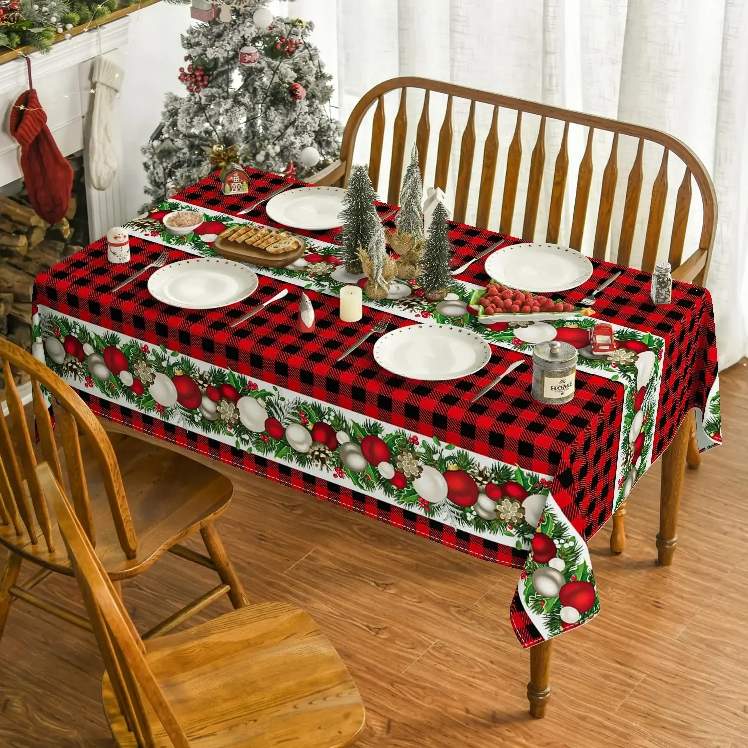 Christmas Ball Red Bufalo Plaid Tablecloth for Table Decor Reusable Winter Xmas Kitchen Dining Tablecloth Christmas Decorations