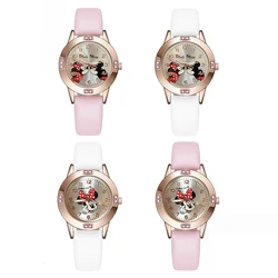 Miniso Anime Cartoon Disney Minnie Mouse Round Diamond Quartz Girls Watch Fashion Cute Kids Leather Belt Watch Birthday Gift