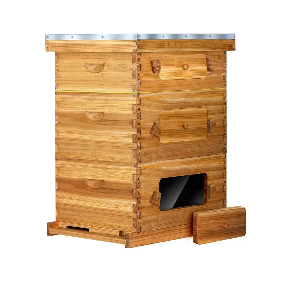 10-Frame Langstroth Beehive with Windows, Beeswaxed Coated Bee Hive for Beginners with Beehive Frames and Waxed, Custom