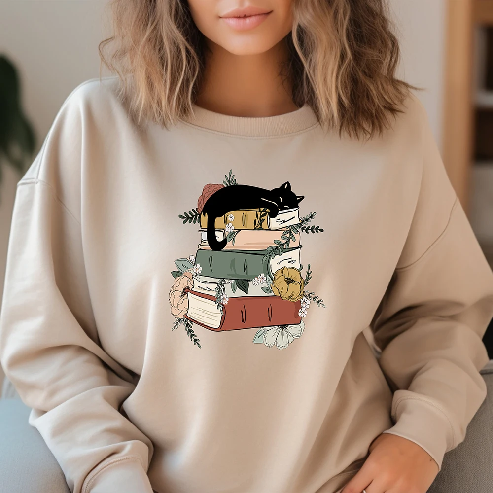 Women Cat Book Sweatshirt Gift for Cat Lover Bookish Sweater for Book Lover Casual Long Sleeve Fleece Sweatshirt Y2K Streetwear