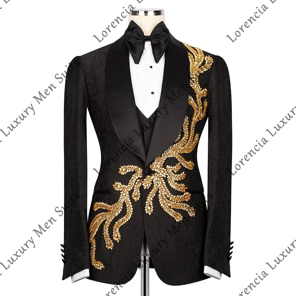 

Мужские костюмы с блестящими алмазными аппликациями, комплекты из 3 предметов, жаккардовые смокинги, свадебные костюмы на заказ, пиджак, брюки, мужская одежда для выпускного вечера