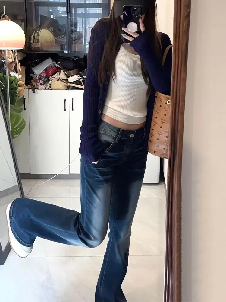 بنطال جينز نسائي من American Sle Waed متوهج من قماش الدنيم فتاة حلوة وحارة عالية الخصر للتنحيف كاجوال باللون الأزرق