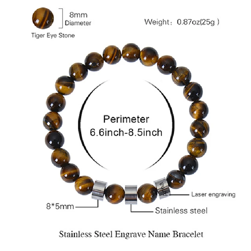 FTCY 10mm Custom Name Beaded Bracelet For Men And Women Engraved Initials Tiger Eye Stone Volcanic Stone Obsidian Hand Chain