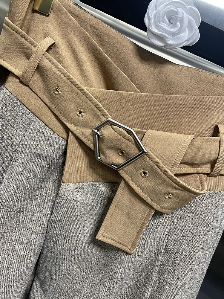 Color block Patchwork Gürtel lässig lose Hosen für Frauen hohe Taille gespleißte Taschen Temperament weites Bein Hosen weiblich neu