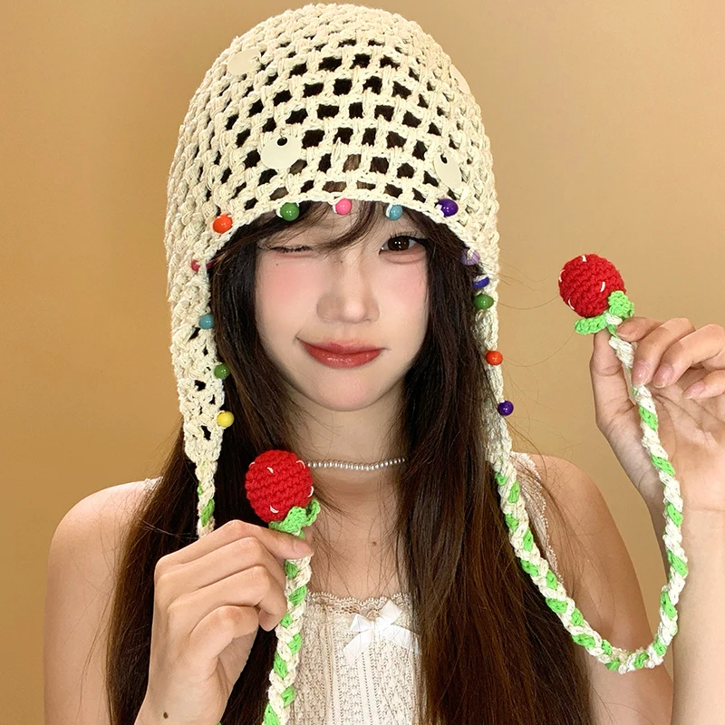 

Cute Strawberry Strap Colored Beaded Tassel Hollow Beanies Cap Y2K Summer Autumn Travel Photo Versatile Sweet Woman's Hats