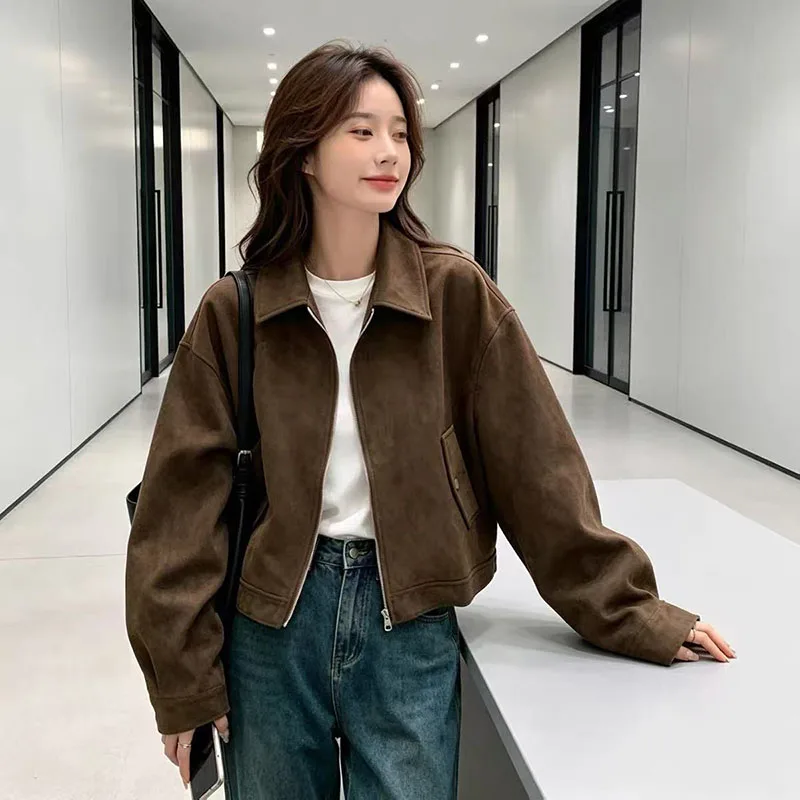 Vintage Suede Velvet Crop Jacket Women Y2K Coffee Loose Lapel Zipper Coat American Streetwear All Match Female Outwear