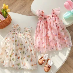 1-7T Toddler Kid Baby Girl Clothes Off Shoulder Heart Print Girls Dress Elegant Summer Sundress Beach Princess Dress Outfit