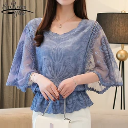 2024 Fashion Women Elegant Blouses Spring New Cotton Edge Lace Shirt Butterfly Flower Tops 4073