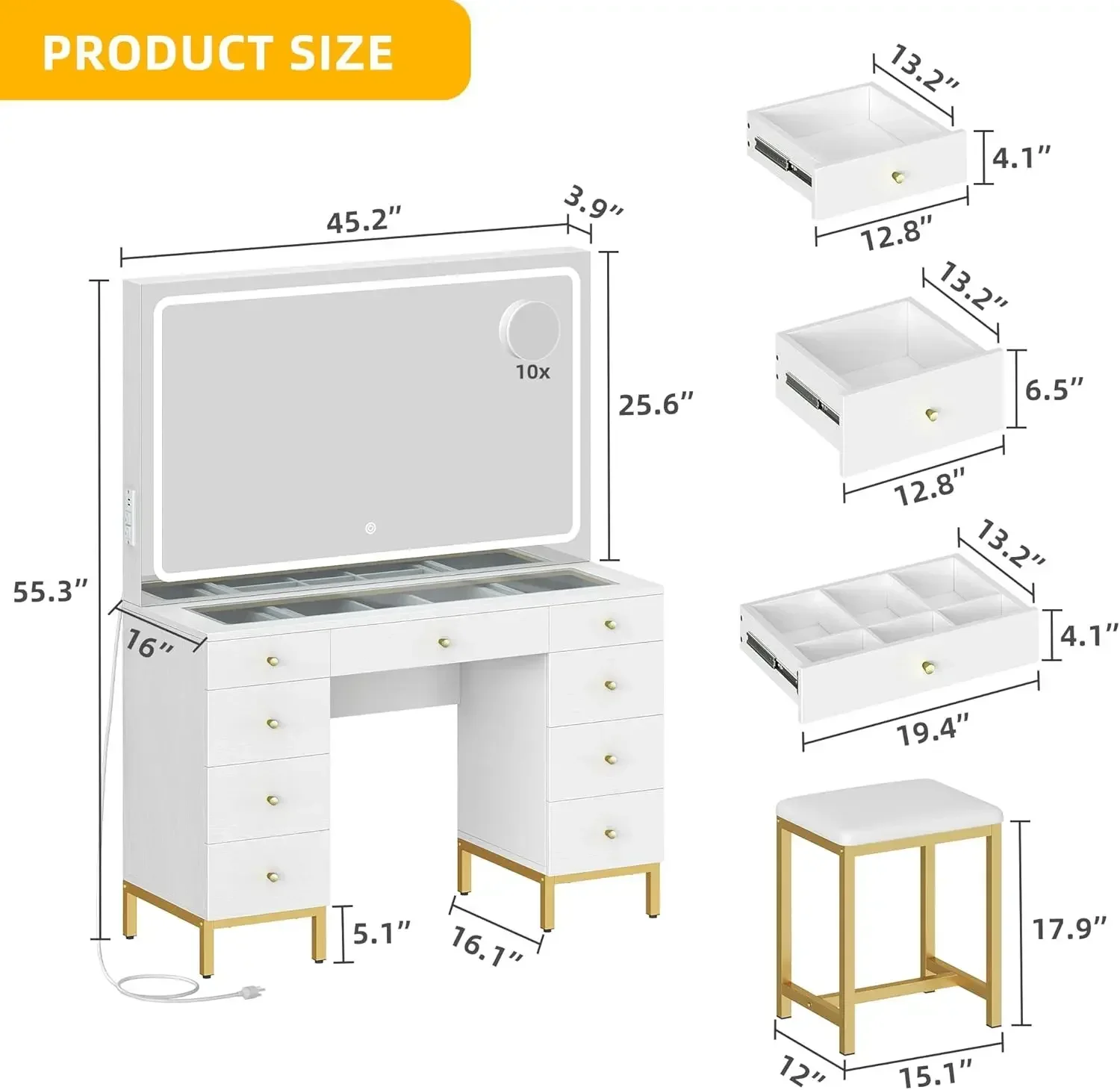 DWCalculator-Bureau de courtoisie blanc avec grand miroir, lumières et station de charge, grand ensemble de table de maquillage avec loupe