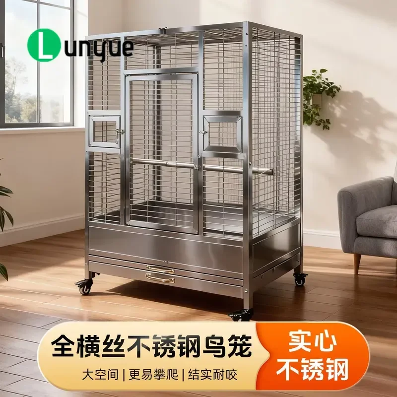 304 Stainless Steel Bird Cage Large Parrot Starling Cage Splash Proof Stand Frame Full Horizontal Wire Design Durable Easy
