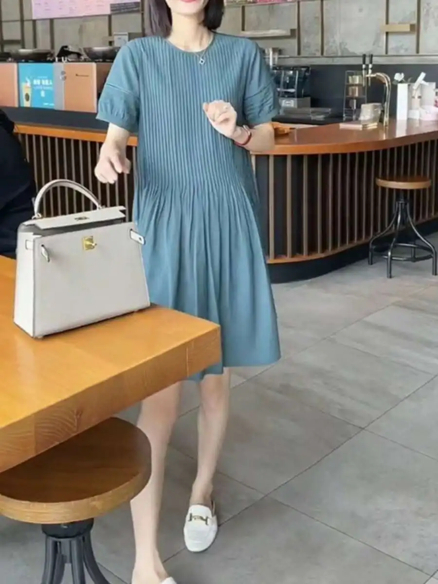 Summer New round Neck Pure Color Midi Dress Loose Pleated Women's Skirt Commute Style Polyester Fabric Short Sleeve Dress