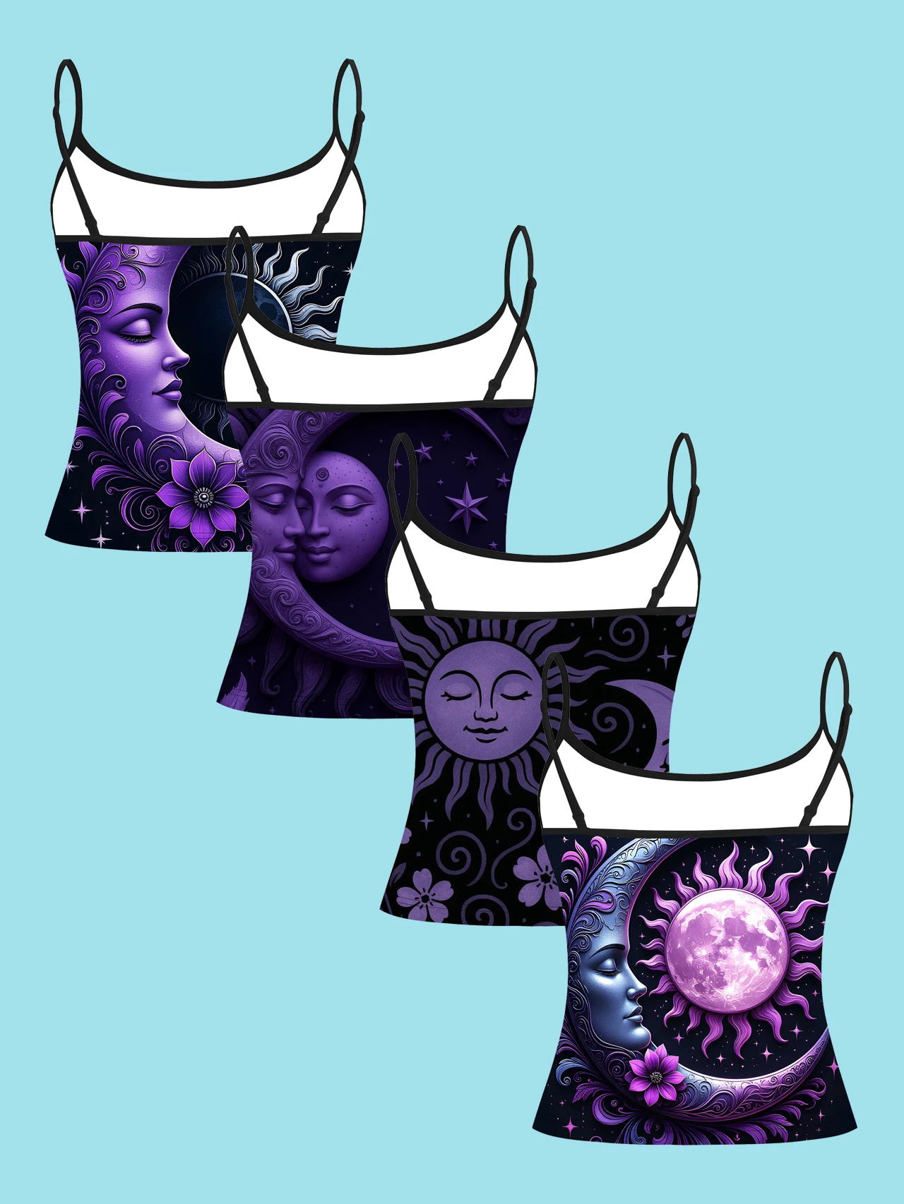 4-Piece Set of Women's Mysterious Purple-Toned Printed Camisoles with Sun, Moon, Goddess, Star, Floral, and Moon-Faced Designs, Slim-Fit Spaghetti Strap Inner Tops