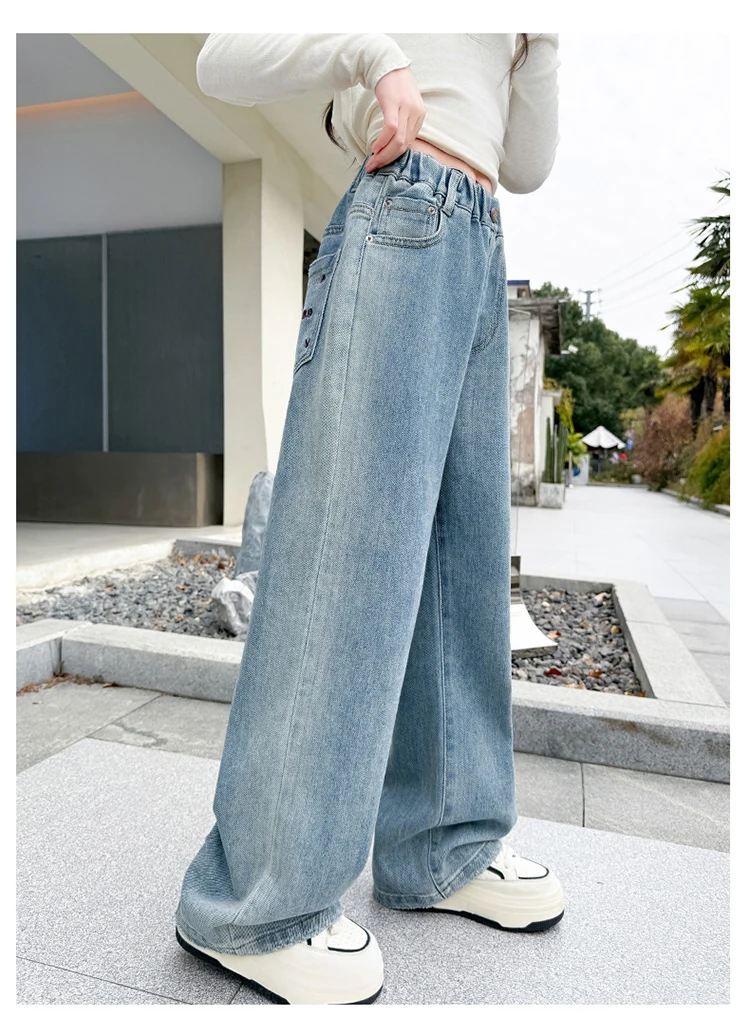 Klassische blaue High-Waist-Jeans mit geradem Bein für Mädchen, neue modische Slim-Fit-Denimhose, einfache Jeanshose für Kinder. – Detail 5