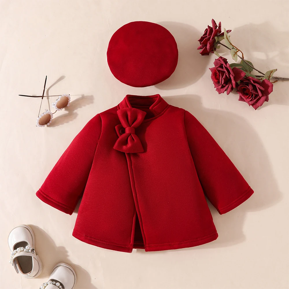 Girls' Clothes Baby Bow-Knot Casual Jacket +Hat Set Fall And Winter Baby Solid Color Fashion Coat Kids Warm Red Christmas Coat