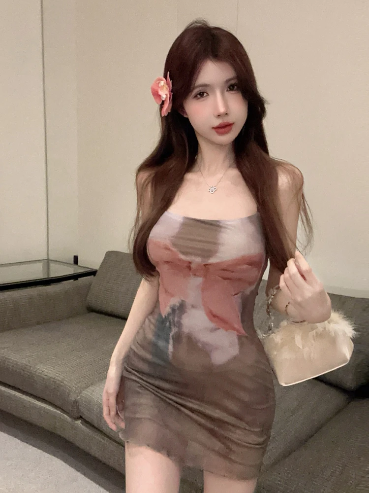 

Sexy Retro Me Print Tube Top Strap Dr High Waist Bodycon Skirt ort Skirt No Sve Summer Dr for Young Women