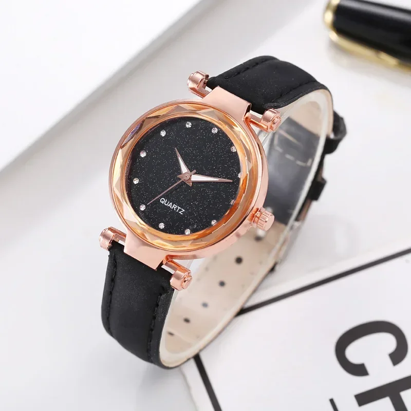 Leather Black Ladies Watch Bracelet Set Ladies Romantic Starry Sky Quartz Watch Leather Diamond Ladies Clock Montre Femme