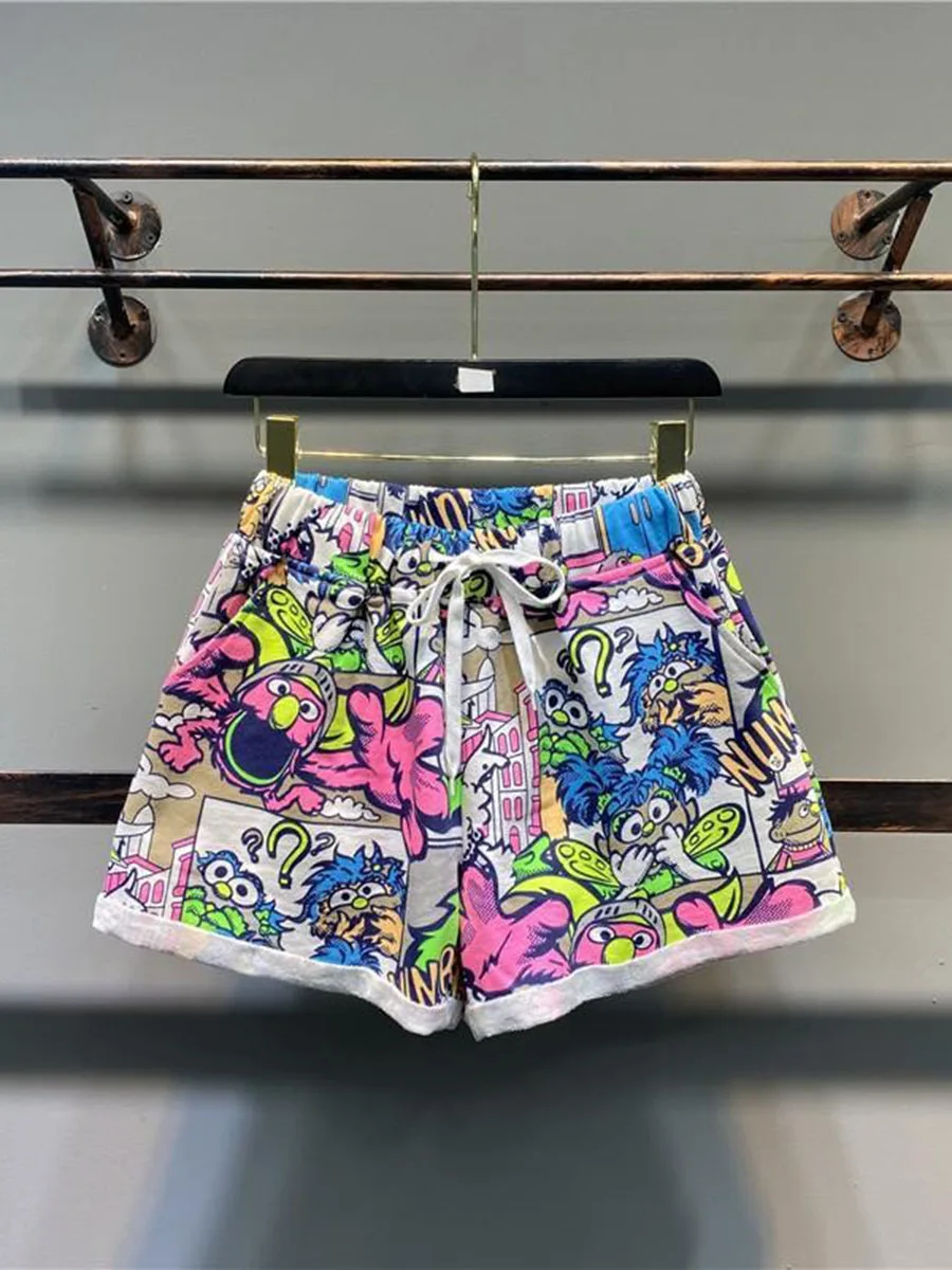 plus Size 300 Pou Faion Cartoon fiti Wide Leg orts Women Summer Slimming Loose Casual Pants High Waist Dyed Pants