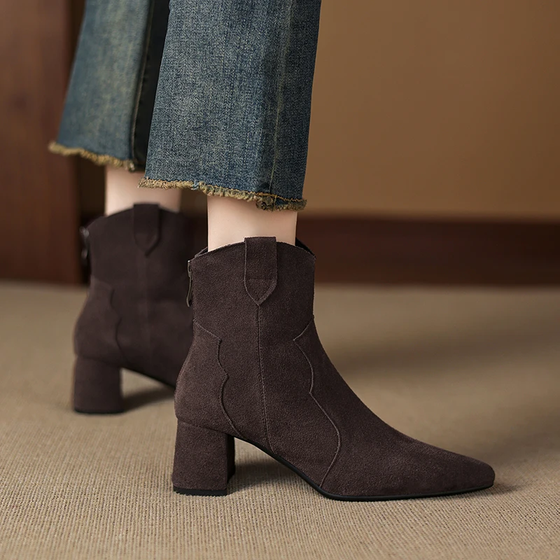 2026 new autumn winter women ankle boots natural leather plus size 22-26cm cow suede pointed toe thick heel western boots