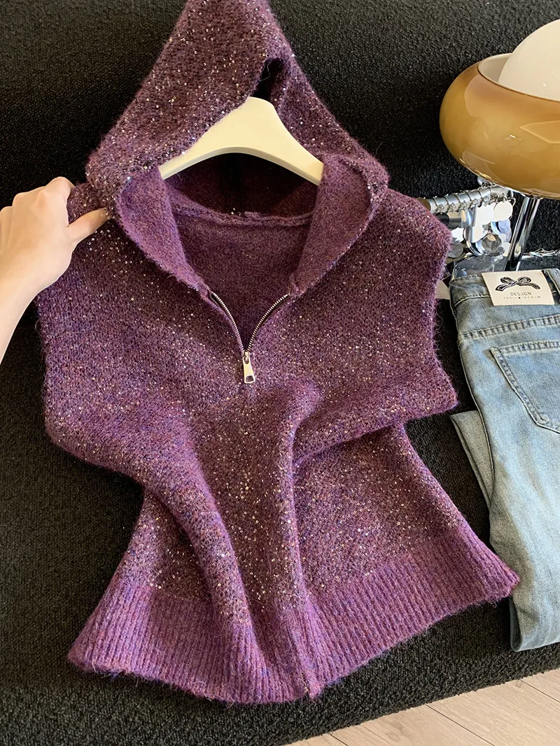 

Корейский вязаный жилет с пайетками и молнией, женский, весенний, маленький размер, высокое качество, от фабрики №13 в Гуанчжоу