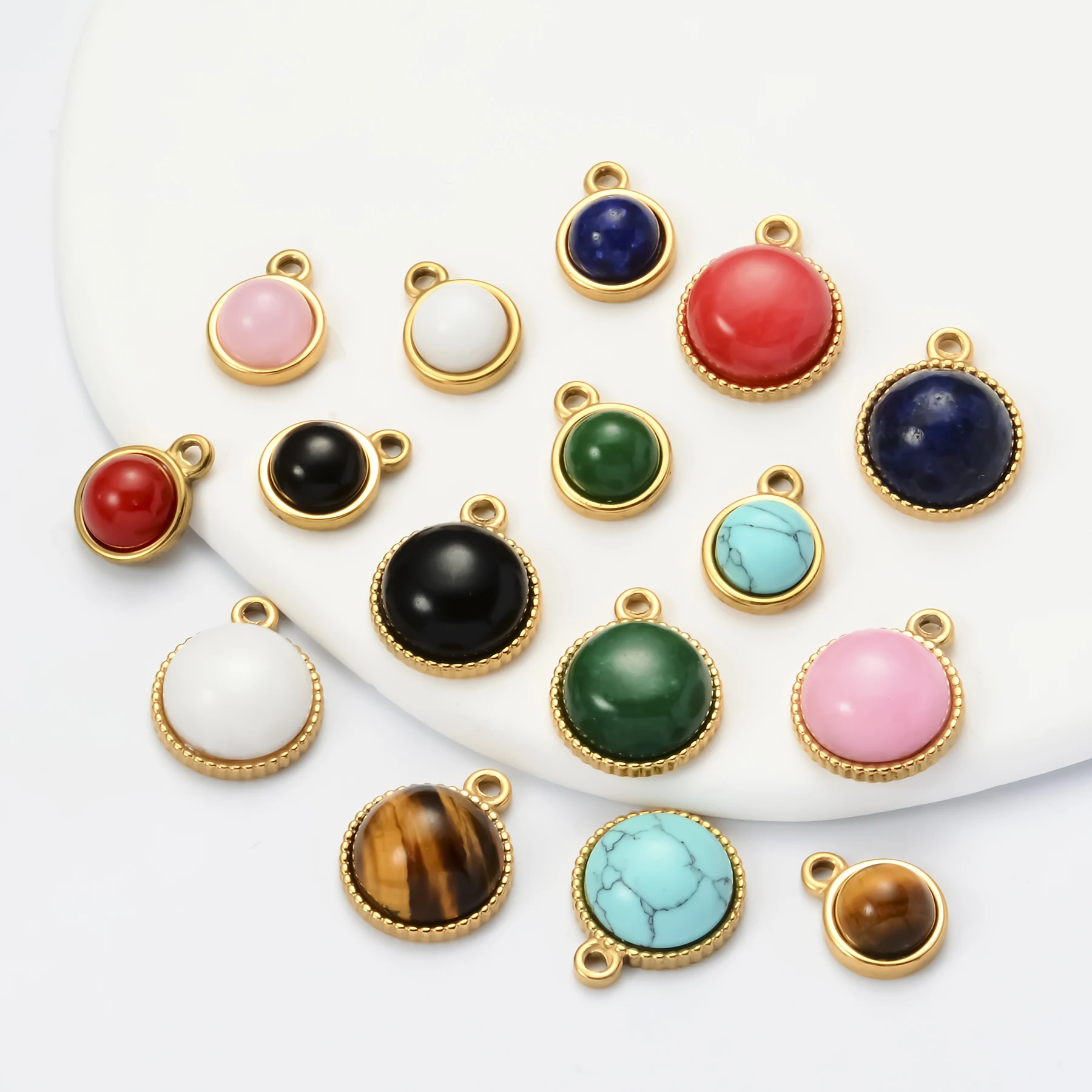 

3Pcs Gold Plated Stainless Steel Natural Stone Round Charm Pendants for DIY Earrings Bracelet Necklace Jewelry Making Accessorie