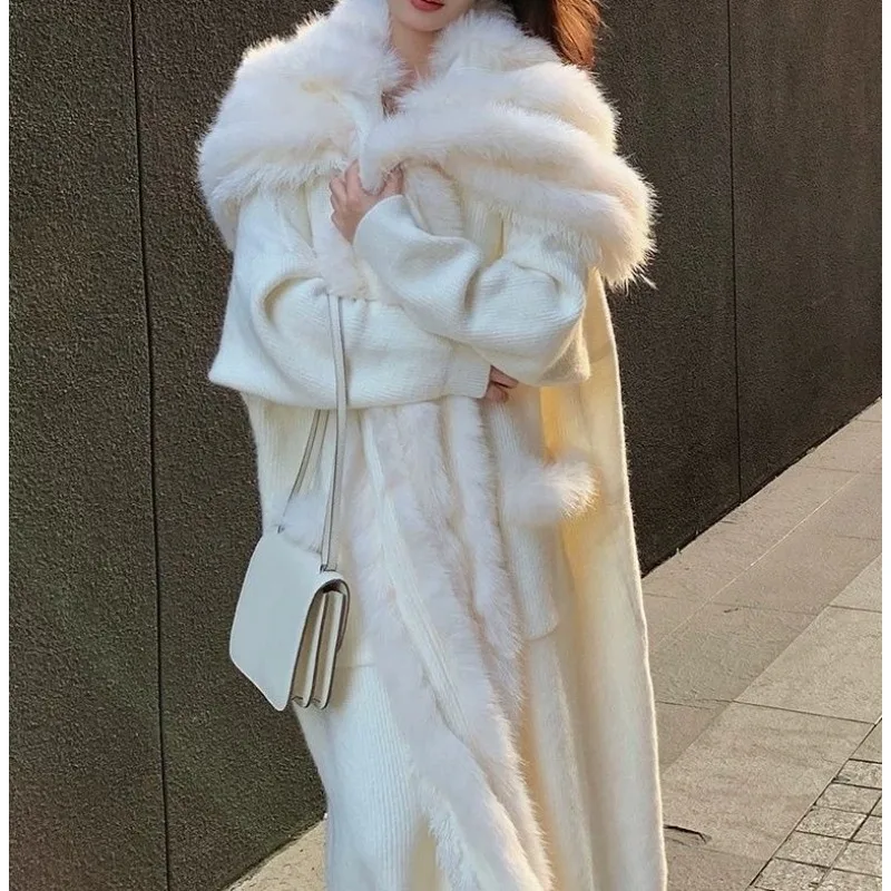 

Новый свитер с лацканами «ленивый ветер», осень и зима 2025 года, высокая имитация лисьего волоса, длинный темпераментный вязаный кардиган, ручная стирка