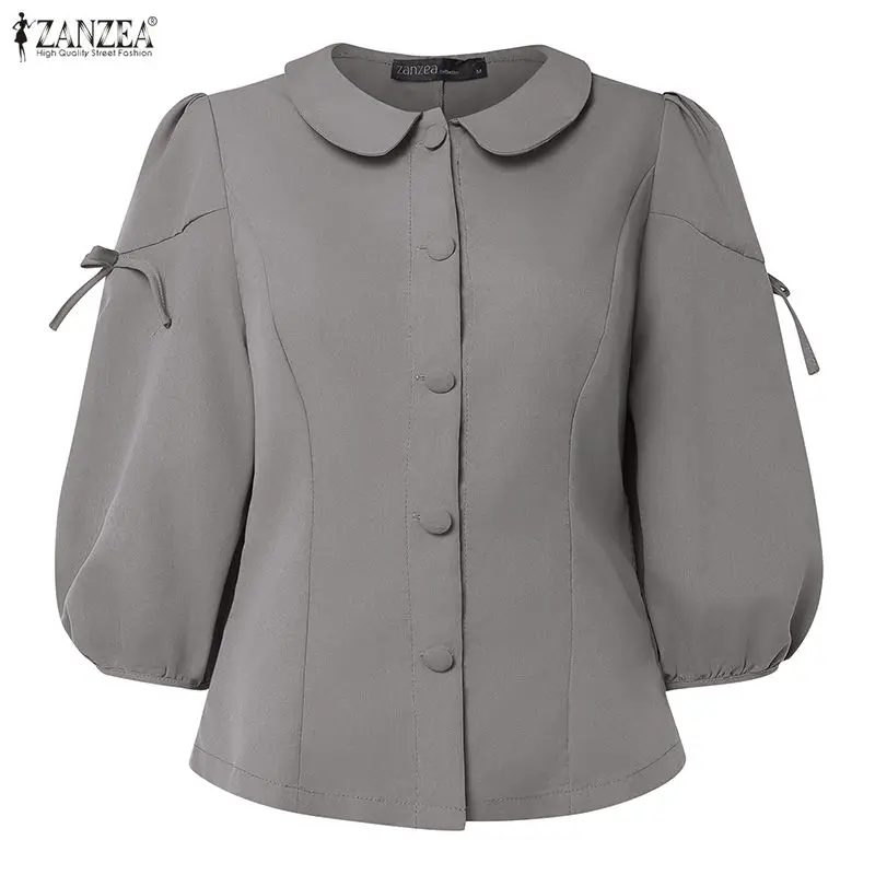 

Spring Summer Elegant Princess Seam Woman Blouses Turn-Down Collar 3/4 Puff Sleeves Button Up Shirts Solid Color Vintage Tops