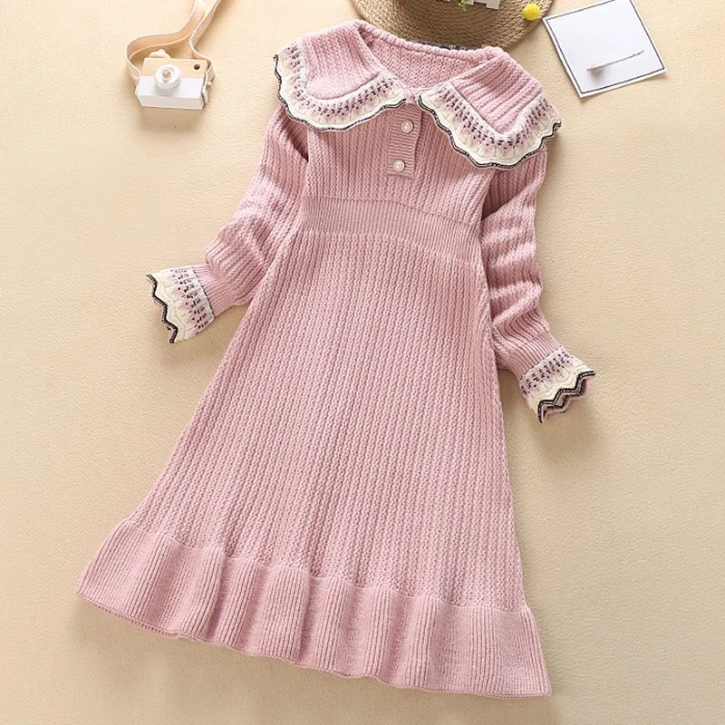 Girls Knitted Sweater Dress Spring Autumn Winter College Style Princess Dress Kids Fashion Clothing