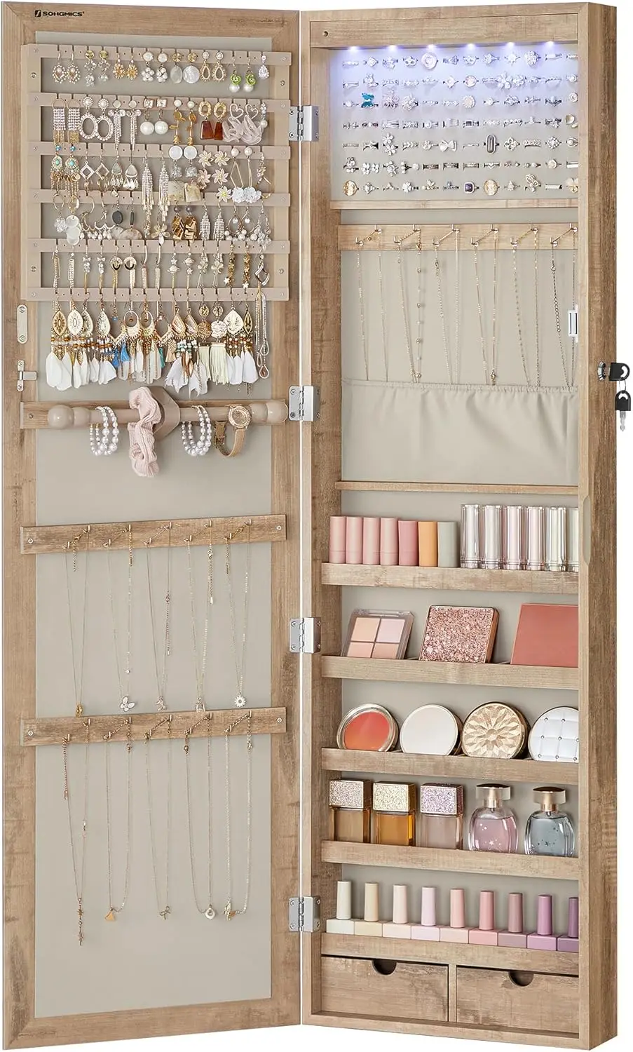 

Mirror Jewelry Cabinet, 47.2-Inch Tall Lockable Wall or Door Mounted Jewelry Organizer with Mirror, 2 Drawers