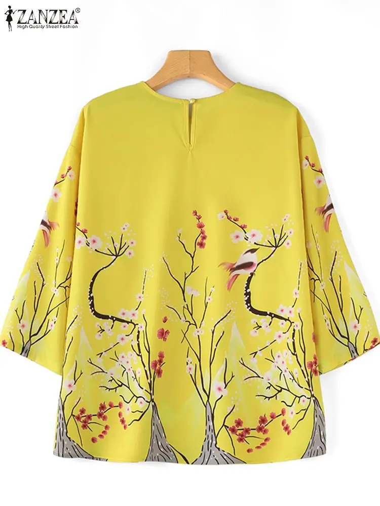 ZANZEA-Blusa informal con estampado Floral para Mujer, camisa de manga 3/4, cuello redondo, Estilo Vintage, bohemio, Abaya, Turquía, Dubái, Verano