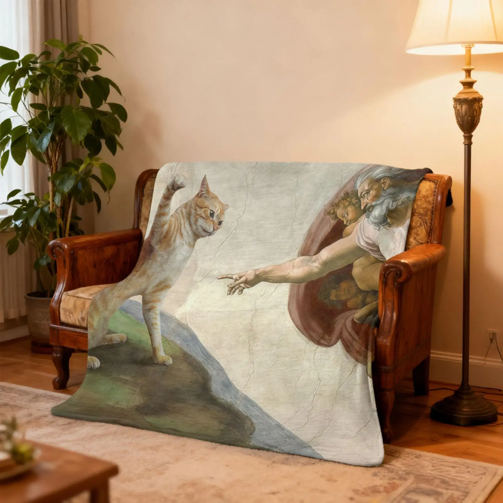 Funny Cat Art Flannel Blanket Michelangelo Parody with Orange Cat Super Soft and Warm Blanket for Couch Sofa Living Room Ideal - view 5
