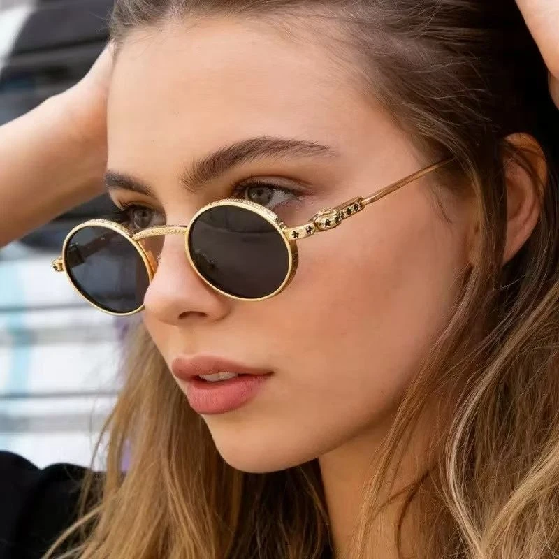 Retro Ovale Sonnenbrille für Damen, Modisch 2026, Vintage Metall Punk UV400 Sonnenbrillen, Streetwear Reise Urlaub Trendige Schattierungen