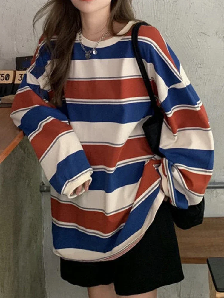 Women T shirts Summer Woman clothing Striped Top Sweatshirt 2023 korean fashion Long Sleeves Tee Patchwork Loose Couple T-shirts