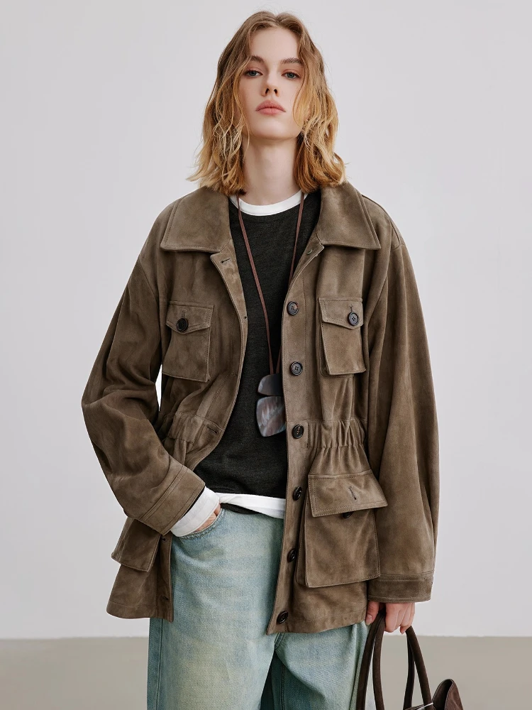 Damskie kurtki cargo vintage z prawdziwej skóry, jesienno-zimowe, eleganckie, proste, jednorzędowe, dopasowane płaszcze z prawdziwej skóry owczej z zamszu.