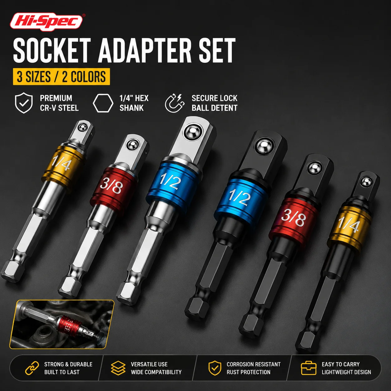 Hi-Spec Impact Socket Adapter Set with Holder 1/4 3/8 1/2 Inch Drive Ratchet Wrench Extension Nut Driver Repair Tool Kit