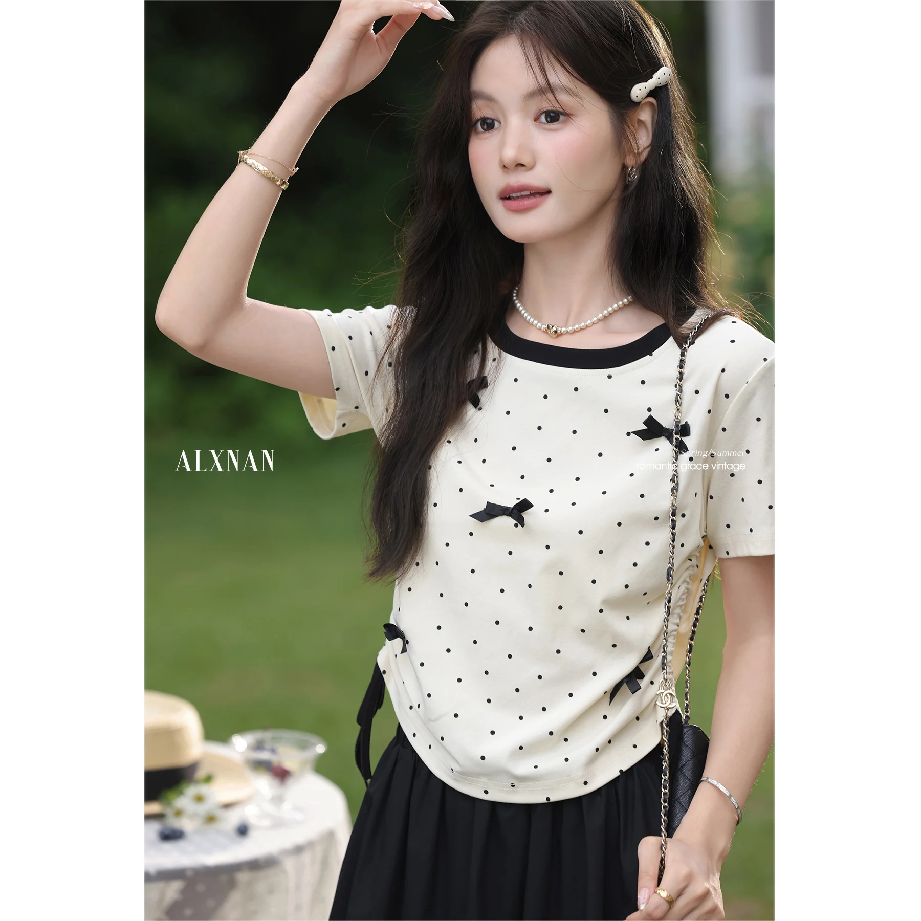 

ALXNAN Women's T-shirt Bowknot Polka Dot Drawstring Short Sleeve T-shirt 2025 Summer Casual Cotton Elegant Tops Ladies L559183