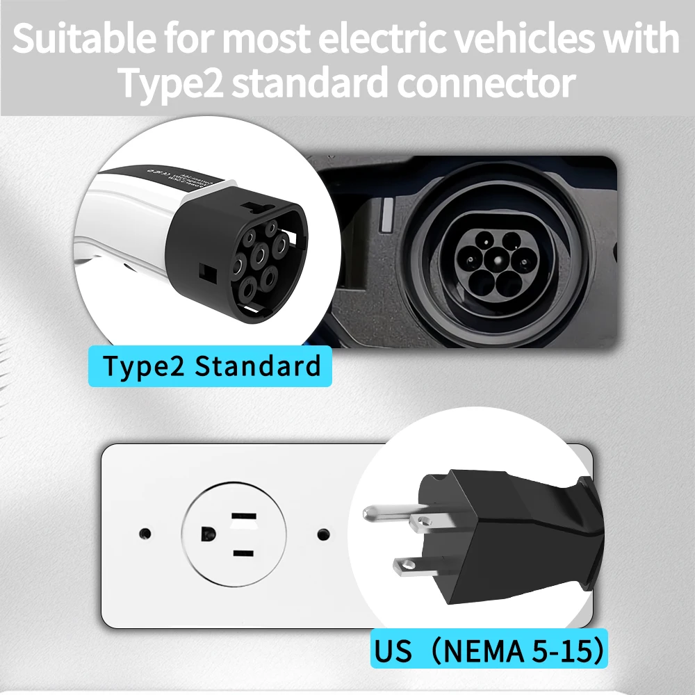 Unirise Portable Type2 Charger 16A 110V 3.5kw US 5-15P NEMA Plug EVSE Single Phase Charging IEC 62196 For Type 2 EV Cars Charger