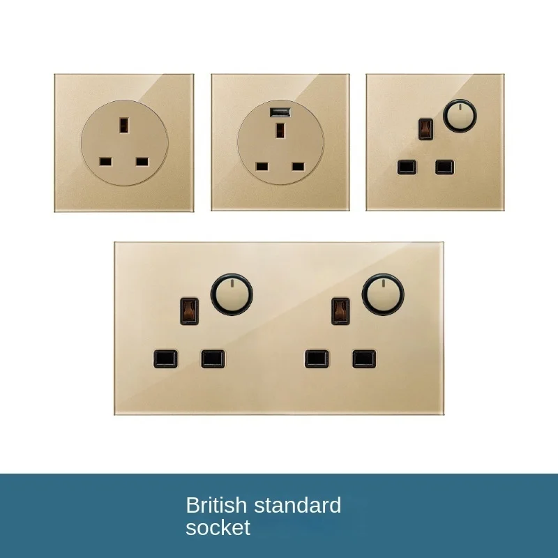 146mm 86mm tempered glass Universal socket British 5-hole 1 2 3 4 gang 1 2 way switch with dual USB concealed socket Eu standard