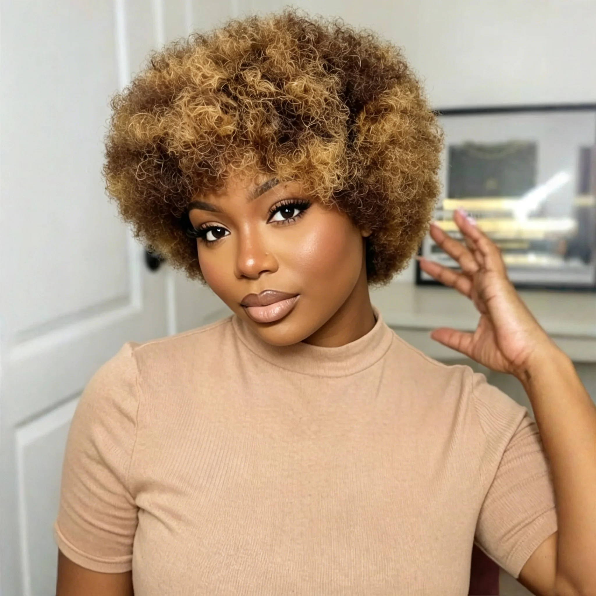Ombre Brown Blonde P427 Afro Curly Human Hair Wig for Women Machine Made Short Wigs
