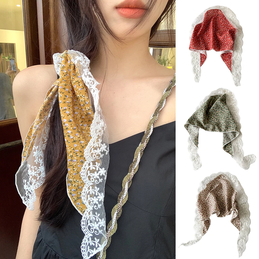 

Women Retro Travel Beach Hair Accessory Pastoral Style Lace Triangle Bandana Hair Scarf Small Floral Headscarf Turban Headwrap