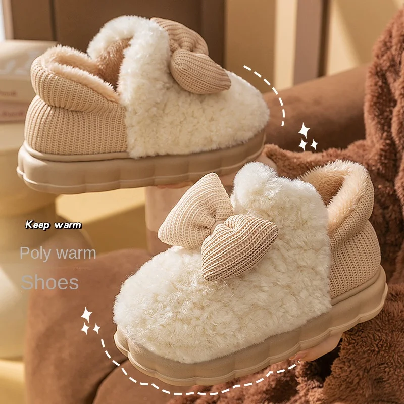 

Cotton Slippers Women's Winter 2024 New Indoor Home Warmth Non-slip Plush Cute Bow Soft-soled Cotton Shoes